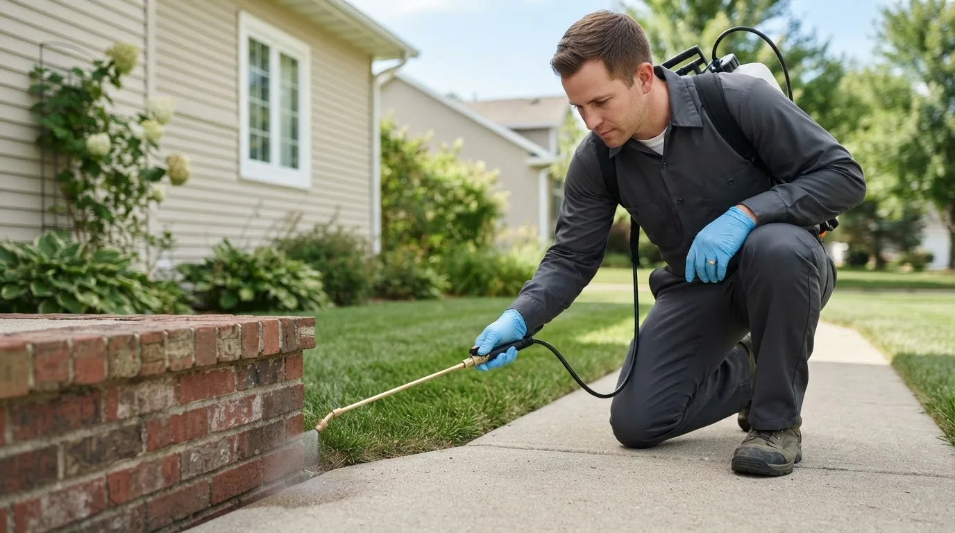 Pest control technician treating a home near Delphos, OH