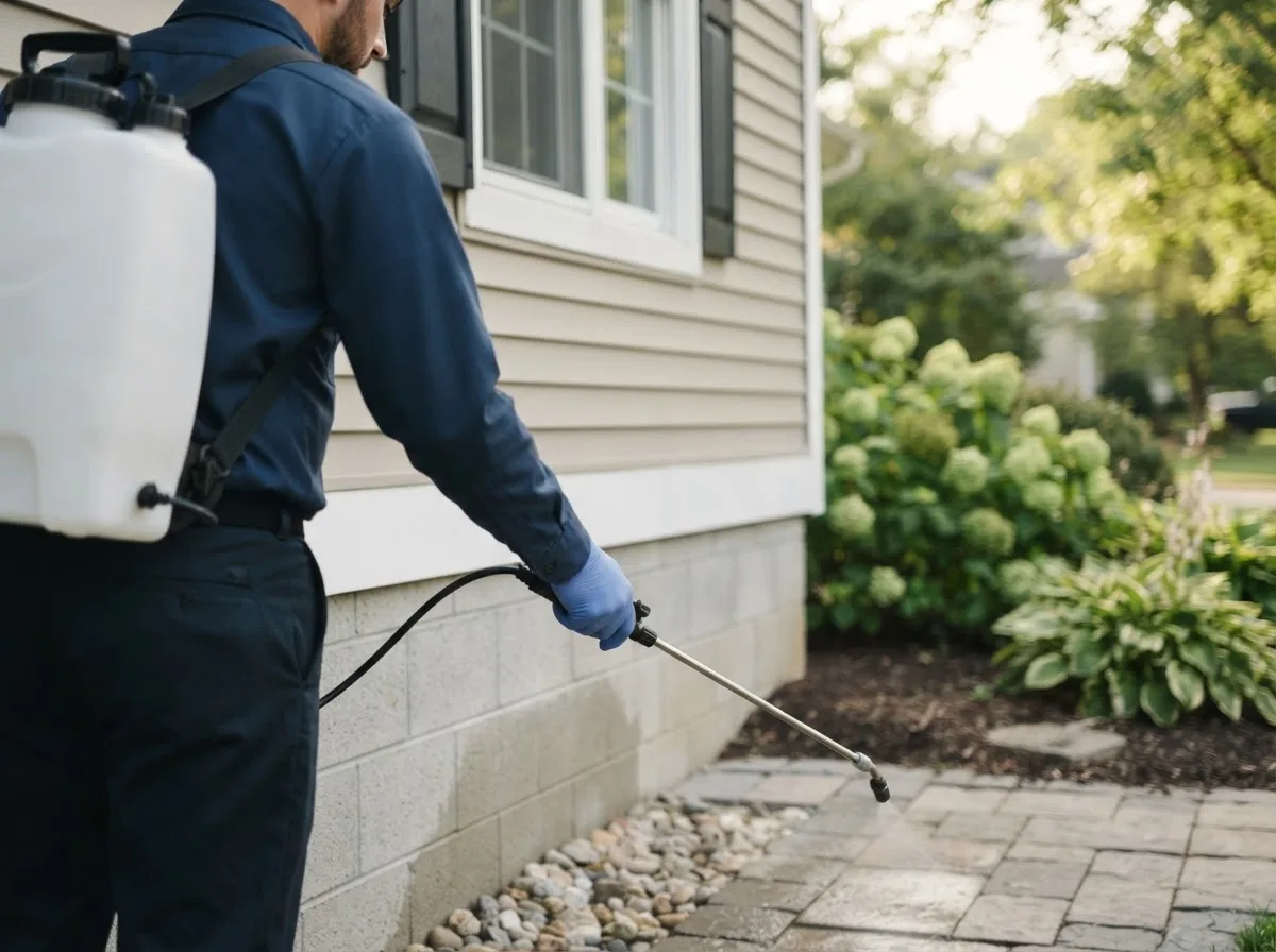Pest control technician inspecting a home in Delphos, OH